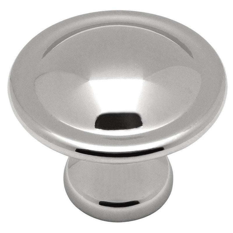Round polished chrome drawer knob with thicker edges and one and an eighth inch diameter