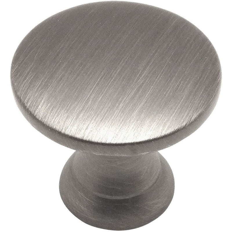 Round flat cabinet drawer knob in antique silver finish with seven eighths inch diameter
