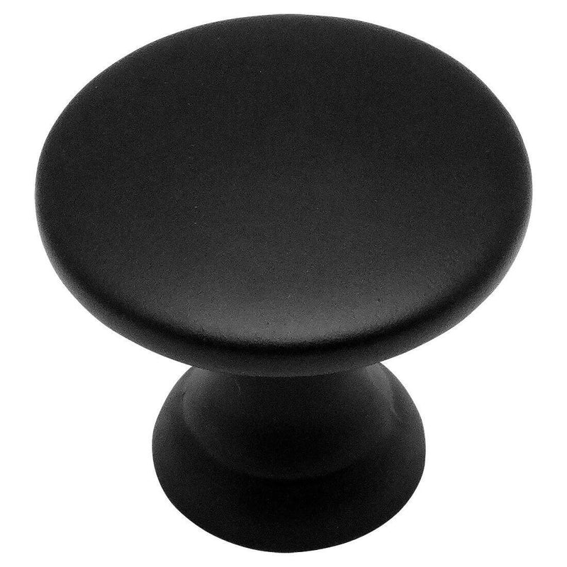 Flat black round miniature cabinet knob with dull edges
