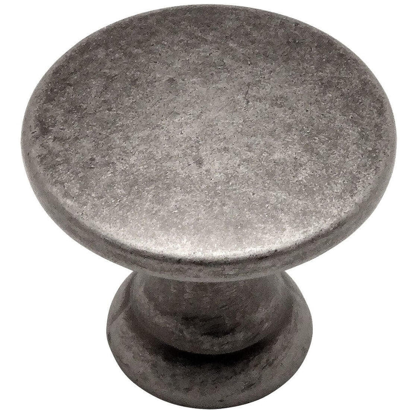 Round weathered nickel drawer knob with flat top and seven eighths inch diameter