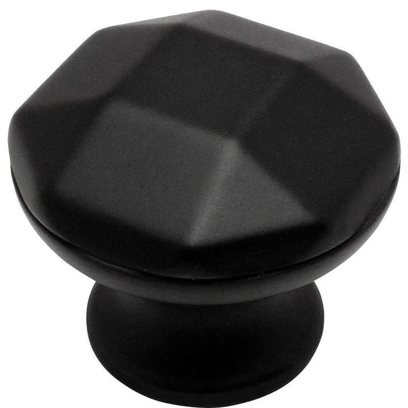 Structured top of cabinet knob in flat black finish with one and a quarter inch diameter