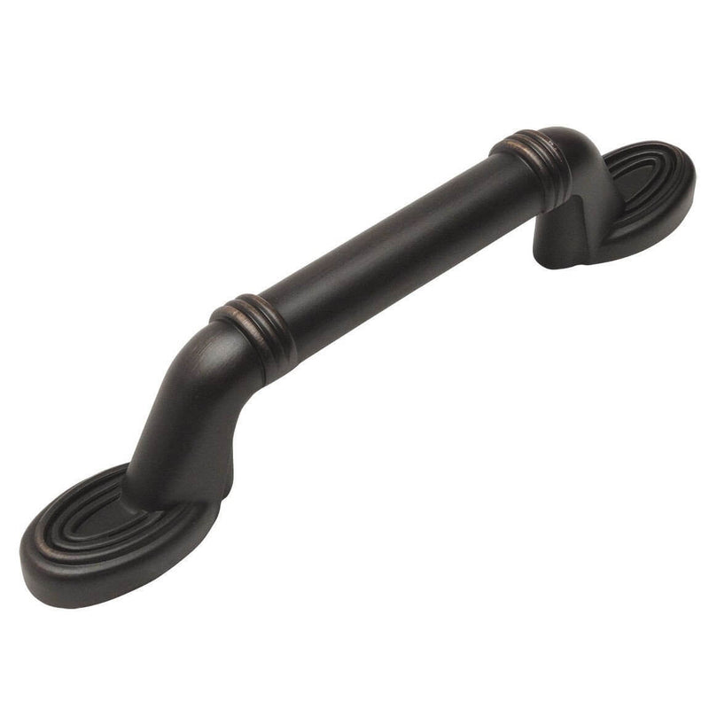 Oil rubbed bronze drawer pull with decorative lines engraving and three inch hole spacing