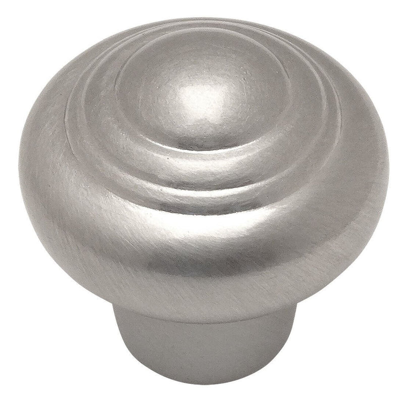 Round drawer knob in satin nickel finish with raised rings design and fifteen sixteenths inch diameter
