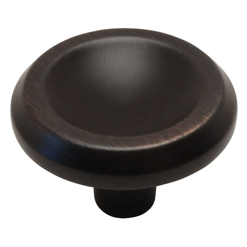 Round knob cabinet knob with raised edges and one and an eighth inch diameter