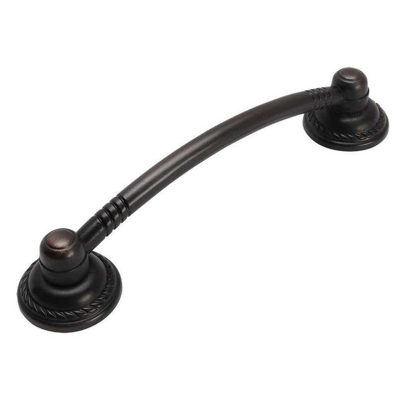 Cabinet pull in oil rubbed bronze finish with bell shape at the ends of pull and three and three quarters inch hole spacing