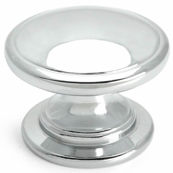 Polished chrome cabinet drawer knob with slightly raised centre and one and a quarter inch diameter