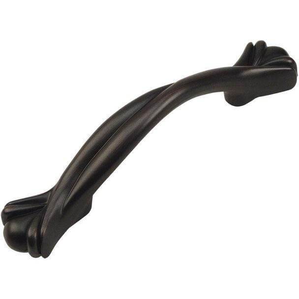Twist design cabinet handle pull in oil rubbed bronze finish with three and three and three quarters inch hole spacing