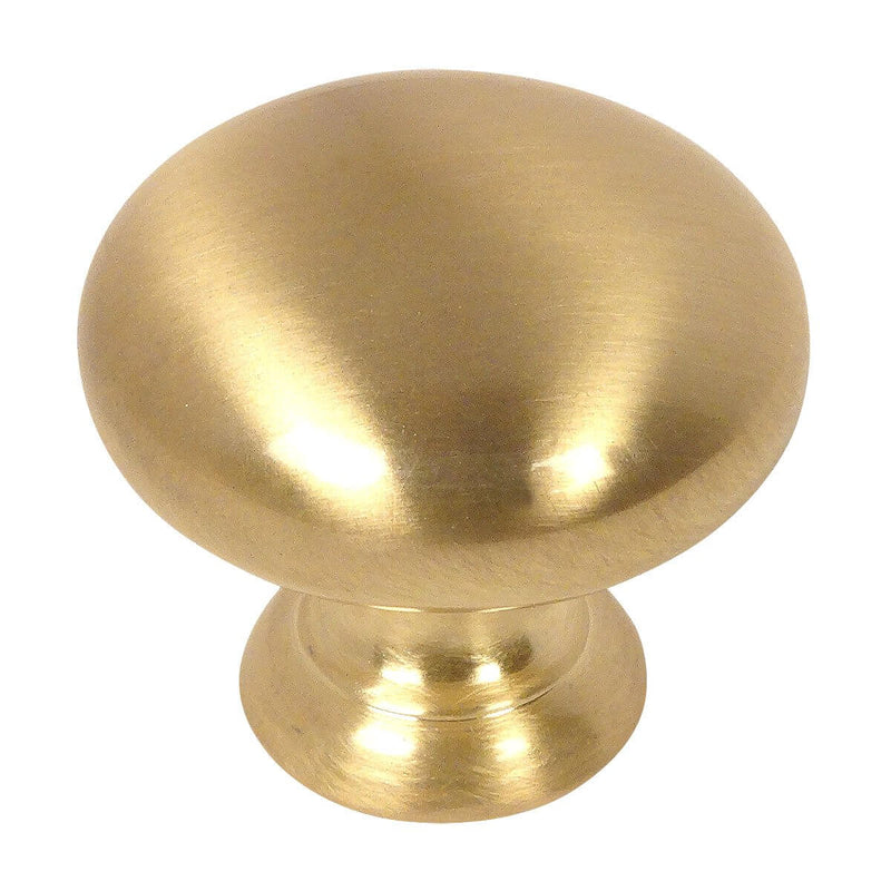 Basic simple cabinet drawer knob in brushed brass finish with one and a quarter inch diameter