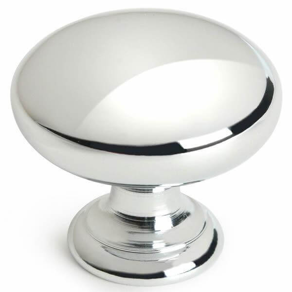 Basic simple cabinet drawer knob in polished chrome with one and a quarter inch diameter