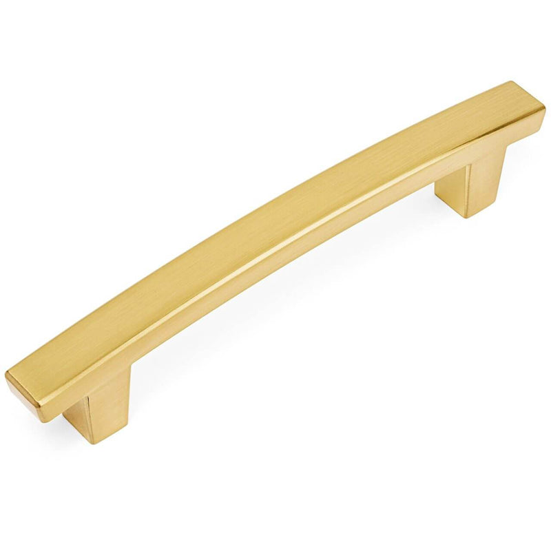 Thick subtle arched cabinet drawer pull with three and three quarters inch hole spacing in brushed brass finish