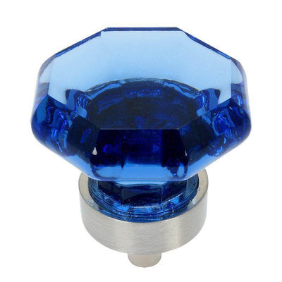 Blue glass cabinet drawer knob in satin nickel finish with one and a quarter inch diameter