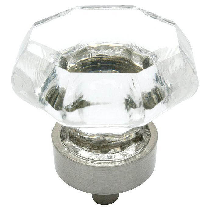 Drawer knob in satin nickel finish with diamond shape and one and a quarter inch diameter