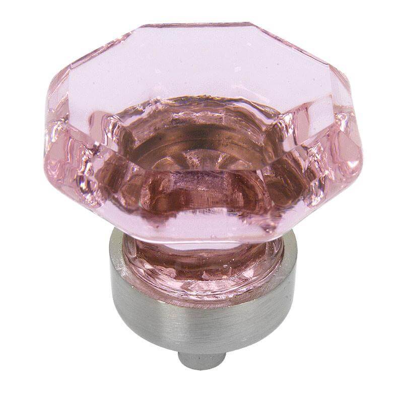 Satin nickel pink glass cabinet knob with one and a quarter inch diameter