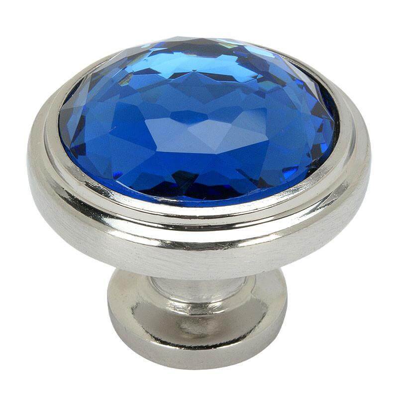 Round cabinet knob in satin nickel finish with blue glass crystal look at the centre