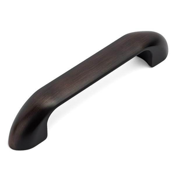 Smooth blunt ends cabinet pull in oil rubbed bronze finish with three and a half inch hole spacing