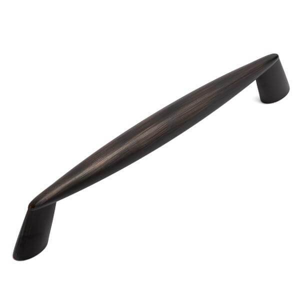 Oil rubbed bronze cabinet pull with elongated shape and pointed tip at the ends