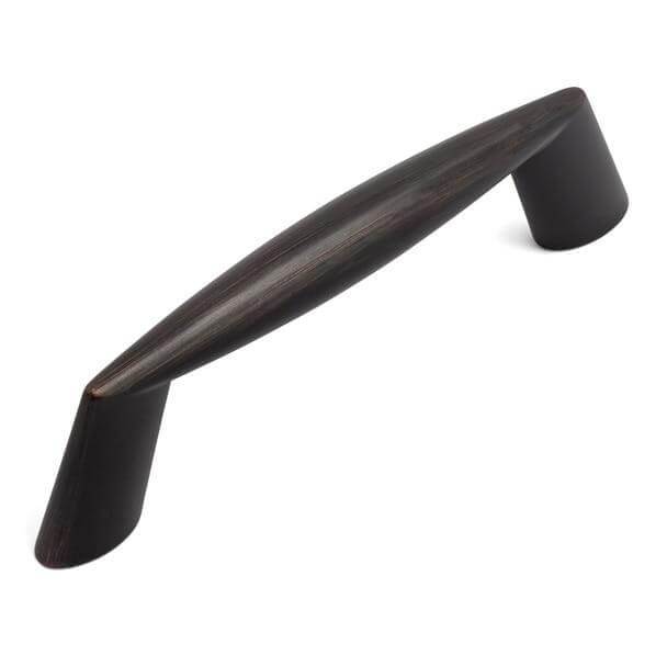 Three inch hole spacing cabinet drawer pull in oil rubbed bronze finish with pointy tip at the ends