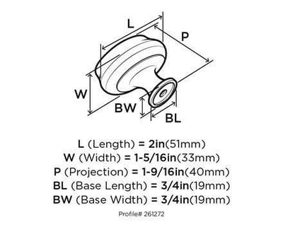 Diagram of dimensions of oversized oval furniture knob in satin nickel finish with two inch length