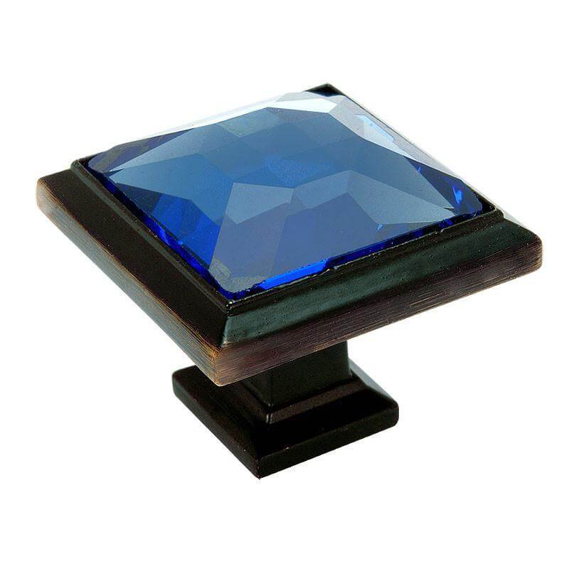 Oil rubbed bronze square drawer knob with blue glass crystal look and one and a quarter inch length