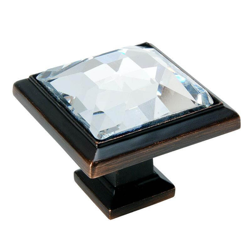 Oil rubbed bronze cabinet knob with clear glass crystal look and one and a quarter inch length
