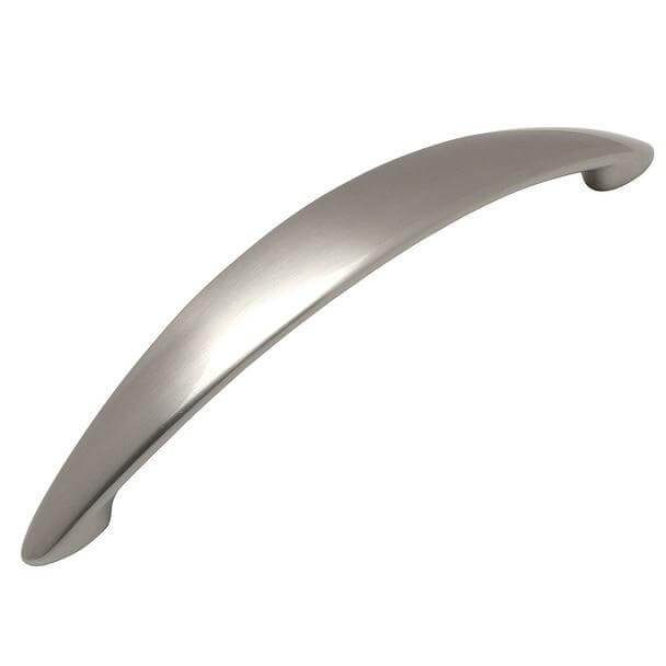 Elongated cabinet pull with five inch hole spacing in satin nickel finish