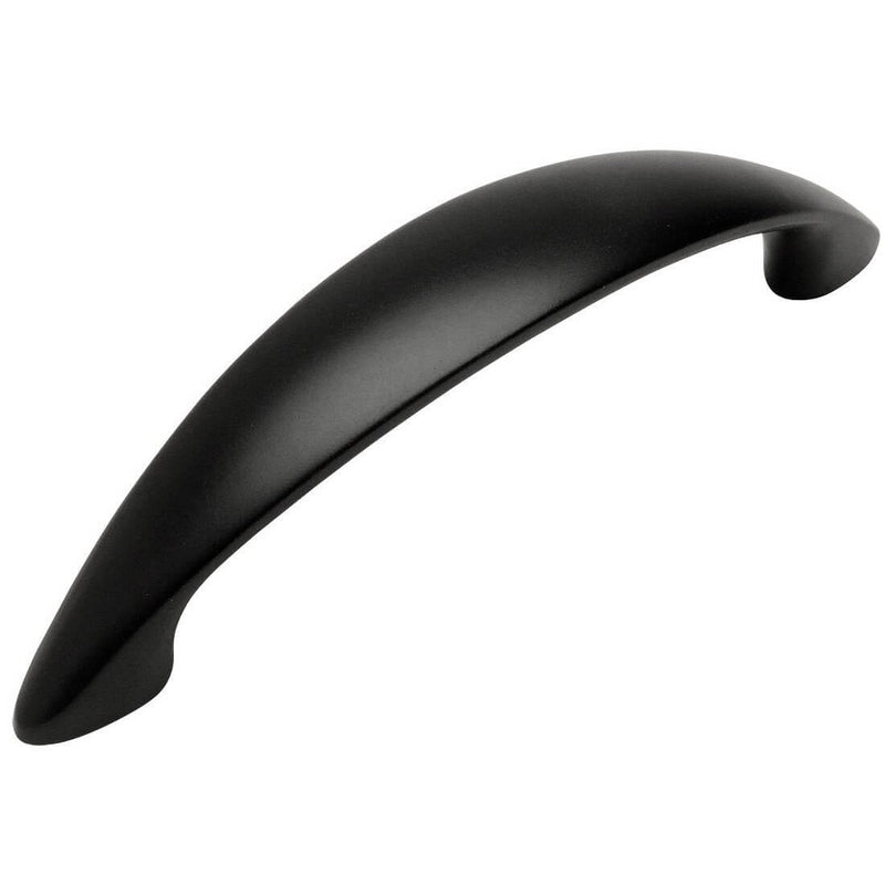 Elongated cabinet drawer pull with pointy ends and three and three quarters inch hole spacing in flat black finish 