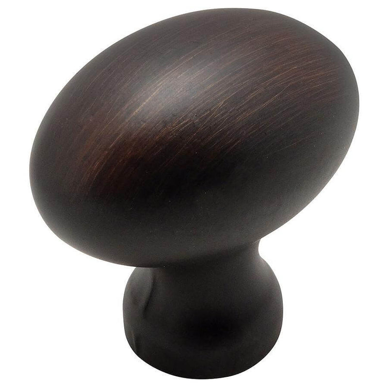 Oil rubbed bronze cabinet drawer knob with football shape and one and three eighths inch length