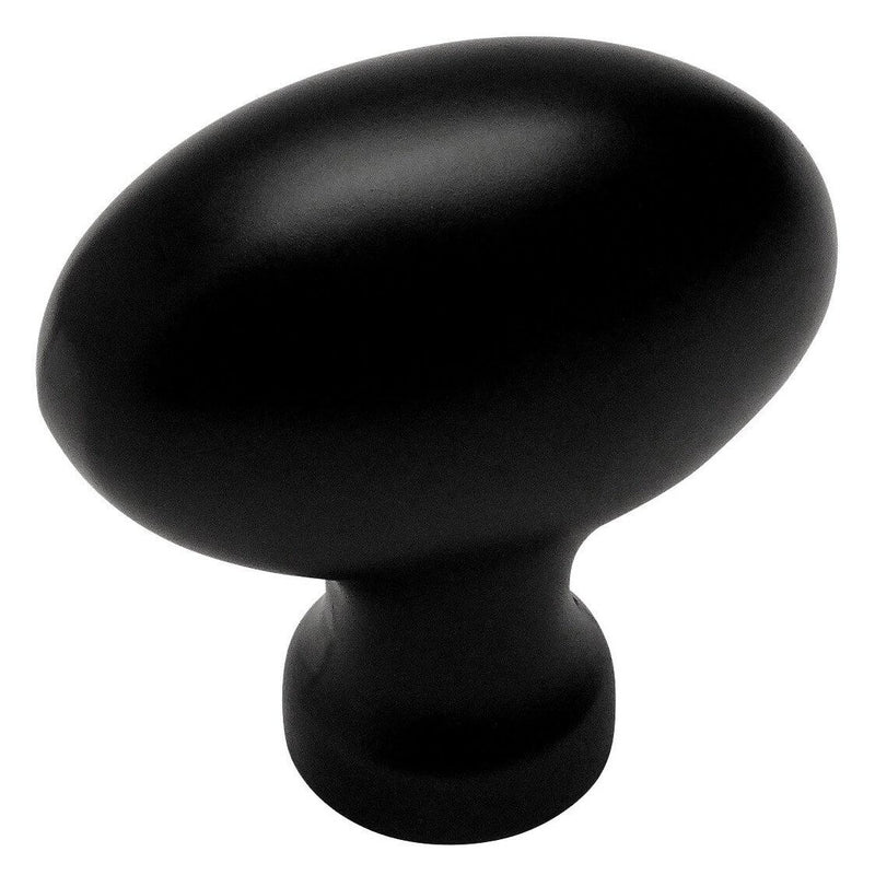 Large oval cabinet knob in flat black finish with one and nine sixteenths inch length