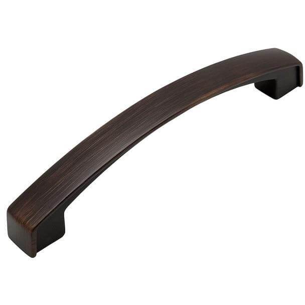 Oil rubbed bronze cabinet drawer pull with five inch hole spacing and subtle arch thin plat design
