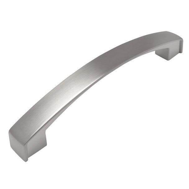 Subtle arch cabinet pull with thin plat design and five inch hole spacing in satin nickel finish