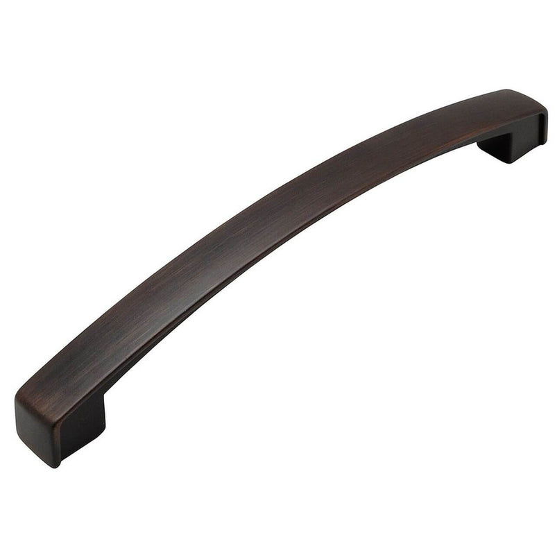 Thin subtle arched cabinet pull in oil rubbed bronze finish with six and seven sixteenths inch hole spacing
