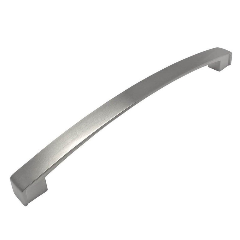 Thin plat cabinet pull with subtle arch and seven and a half inch hole spacing in satin nickel finish
