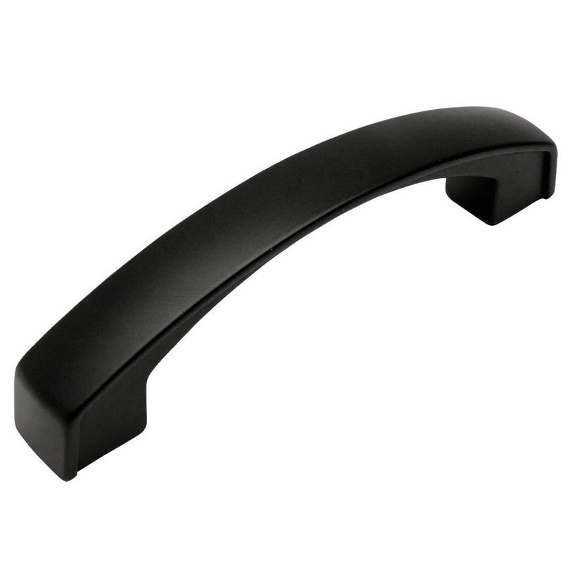 Rectangular subtle arched cabinet drawer pull in flat black finish with three and three quarters inch hole spacing