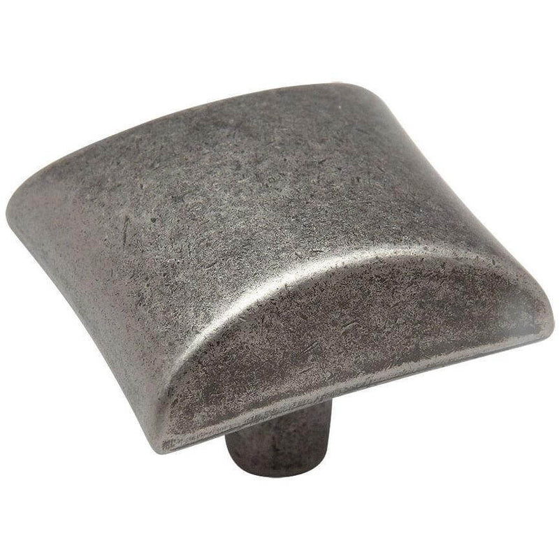Half round shaped drawer knob in weathered nickel finish with one and a sixteenth inch length