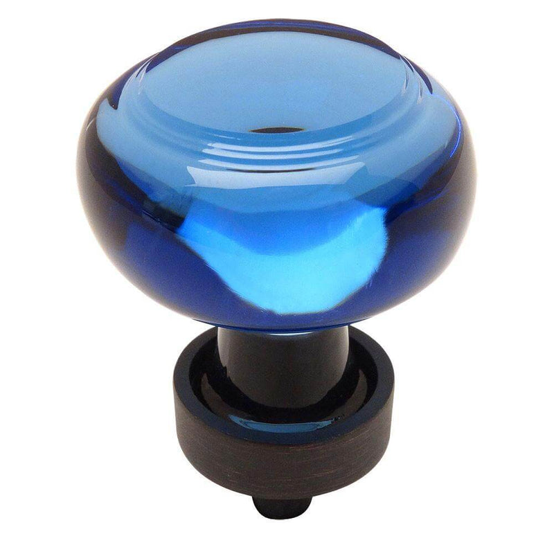 Oil rubbed bronze drawer knob with blue glass and one and three eighths inch diameter