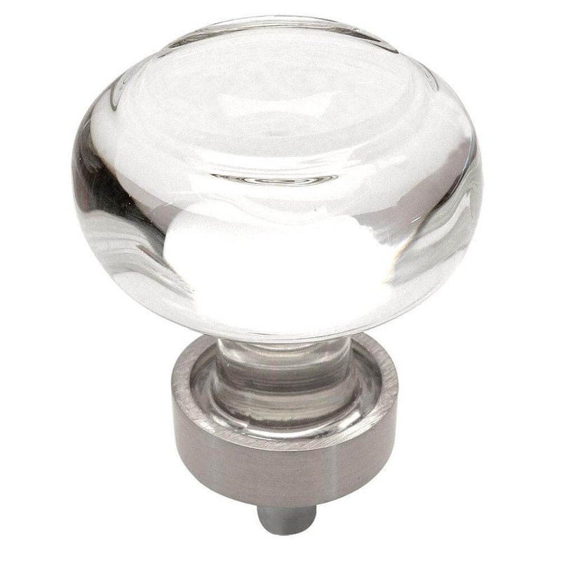 Cabinet drawer knob with full clear glass knob and satin nickel finish base