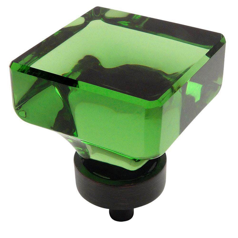 Emerald glass cabinet drawer knob in oil rubbed bronze finish with one and three eighths inch length