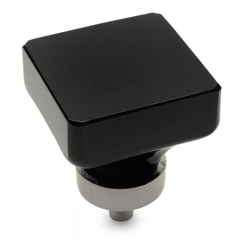 Square drawer knob with black glass and satin nickel base