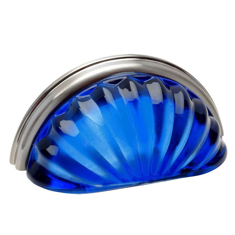 Cabinet cup pull with blue glass in satin nickel finish with three inch hole spacing
