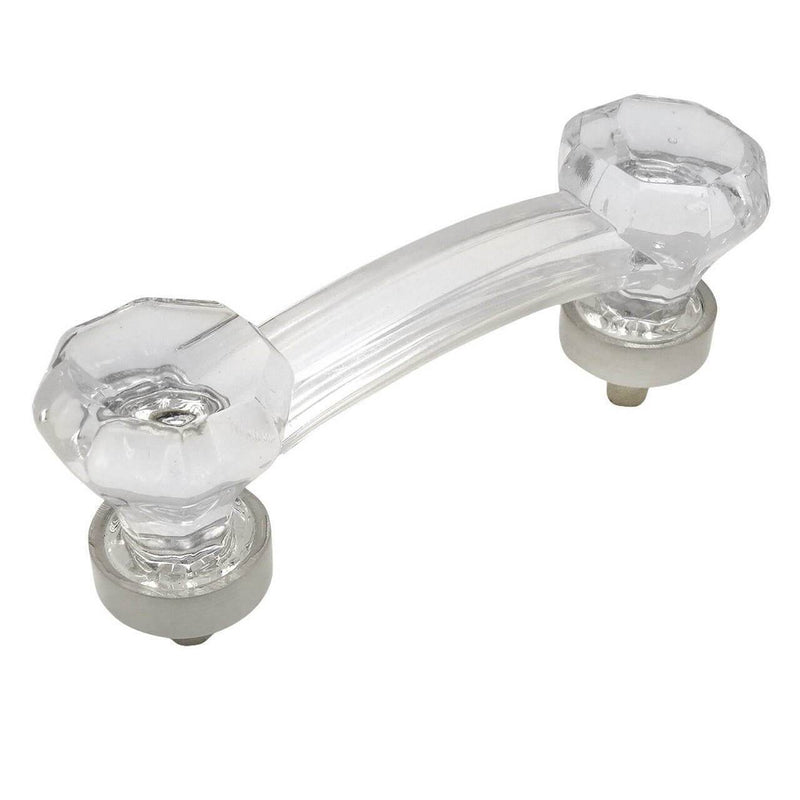 Diamond rock shaped ends cabinet drawer pull with clear glass and three inch hole spacing in satin nickel finish