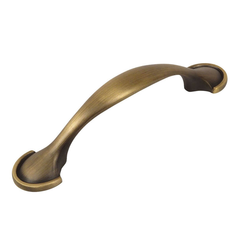 Brushed antique brass drawer pull with three inch hole spacing and shovel shaped ends