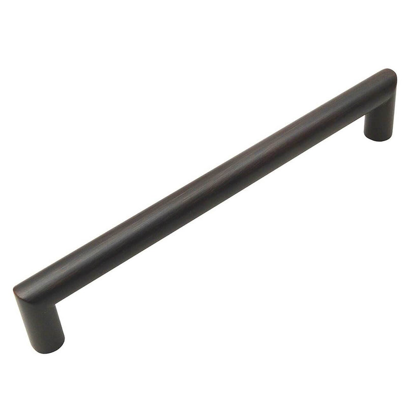 Six and five sixteenths inch hole spacing cabinet pull in oil rubbed bronze finish with round bar design