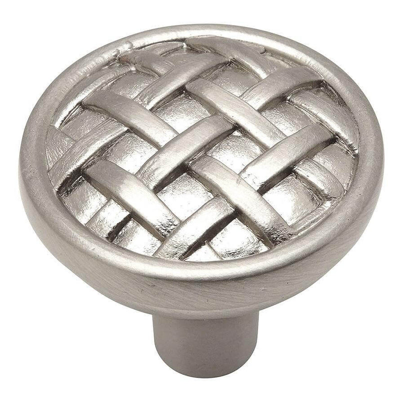 Cabinet knob in satin nickel finish with woven lines design and one and three eighths inch diameter