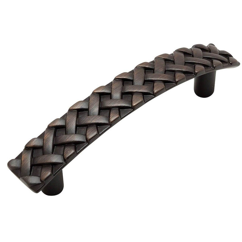 Cabinet drawer pull in oil rubbed bronze finish with braid design throughout the surface of the handle