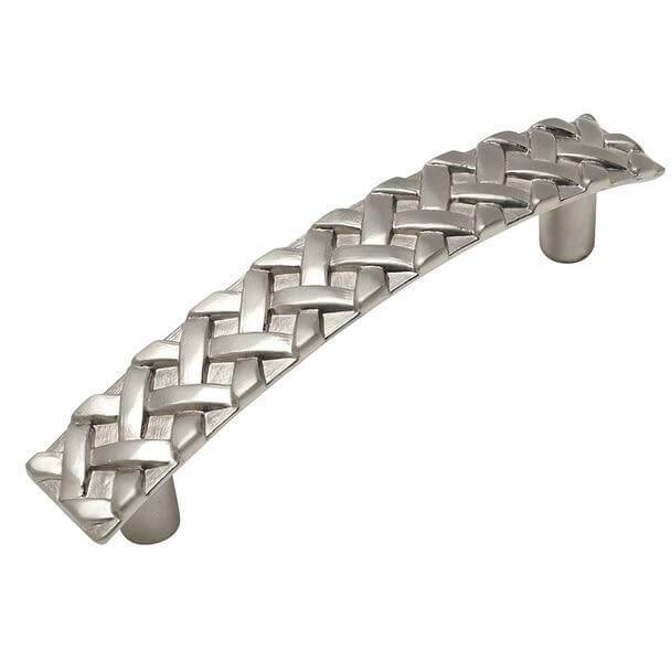 Three and three quarters inch hole spacing drawer pull in satin nickel finish with braid design throughout the surface of the handle