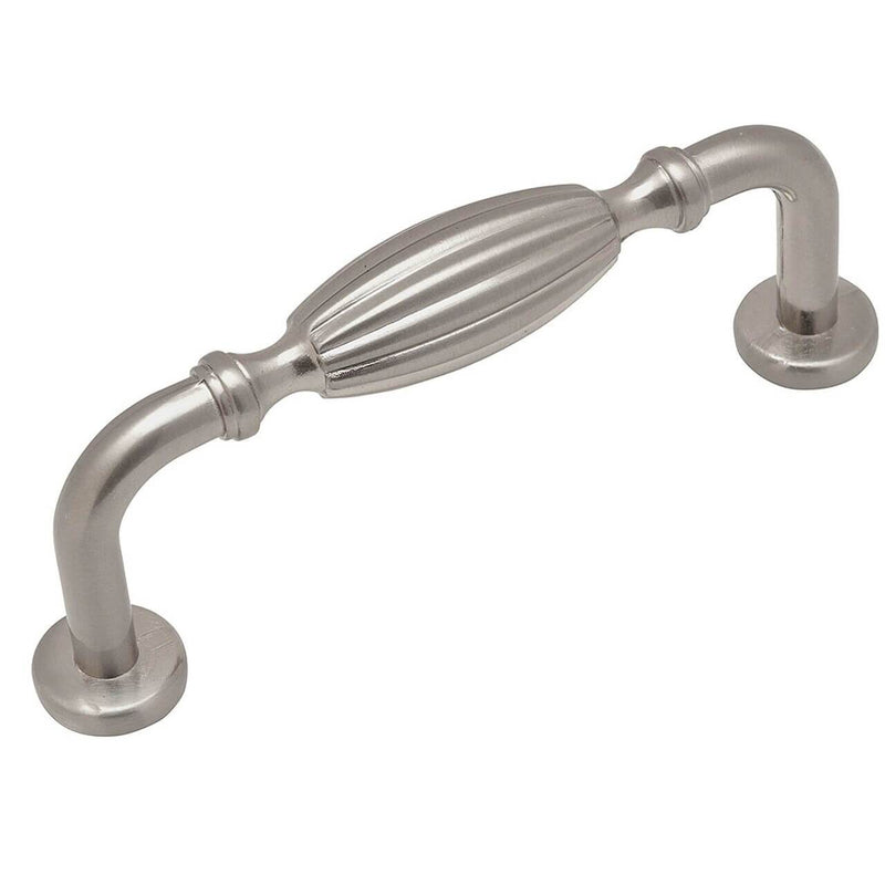 Satin nickel cabinet drawer pull with an oval form in the middle 