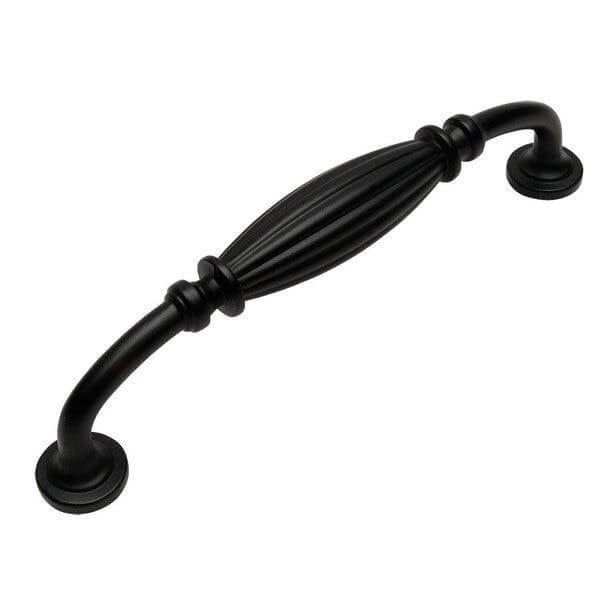 Five inch hole spacing drawer pull in flat black finish with an oval form in the middle