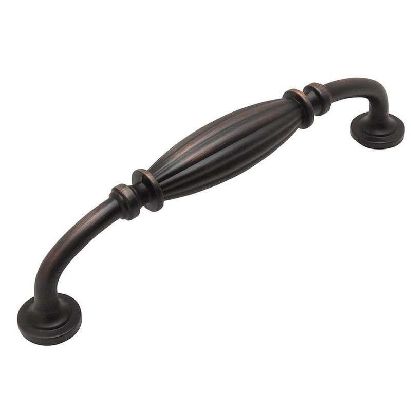Cabinet pull in oil rubbed bronze finish with an oval form in the middle and five inch hole spacing