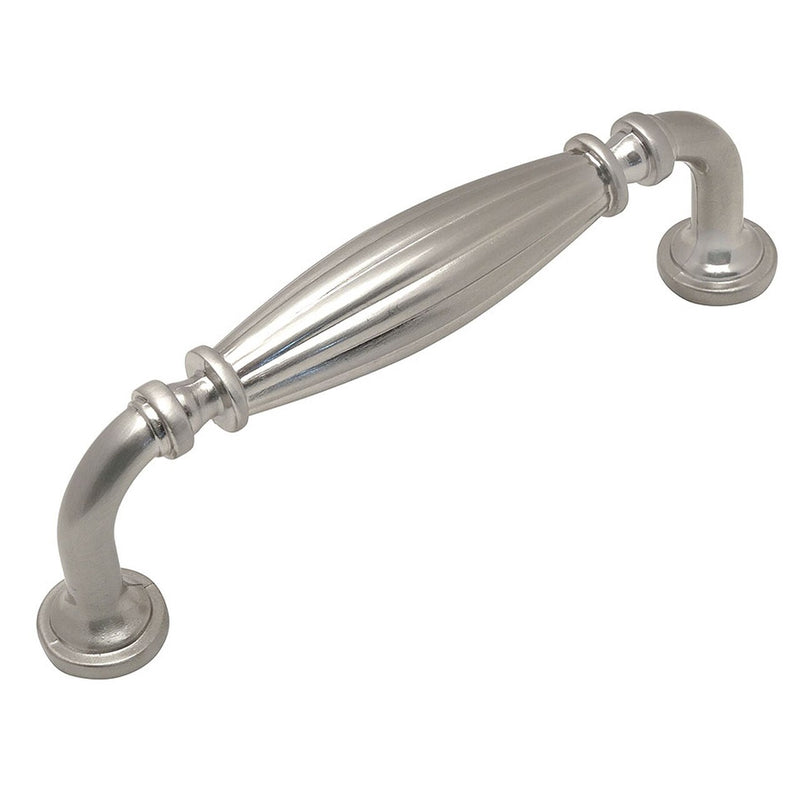 Drawer pull in satin nickel finish with an oval form in the middle
