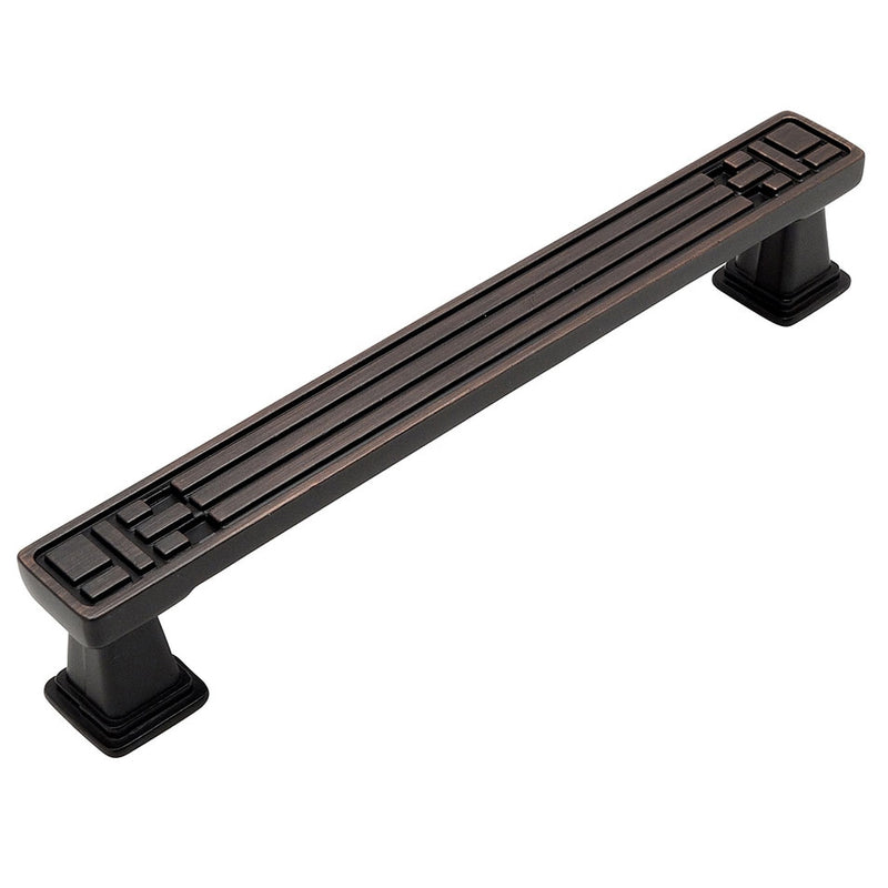 Sturdy cabinet pull with rectangular engraving on top in oil rubbed bronze finish